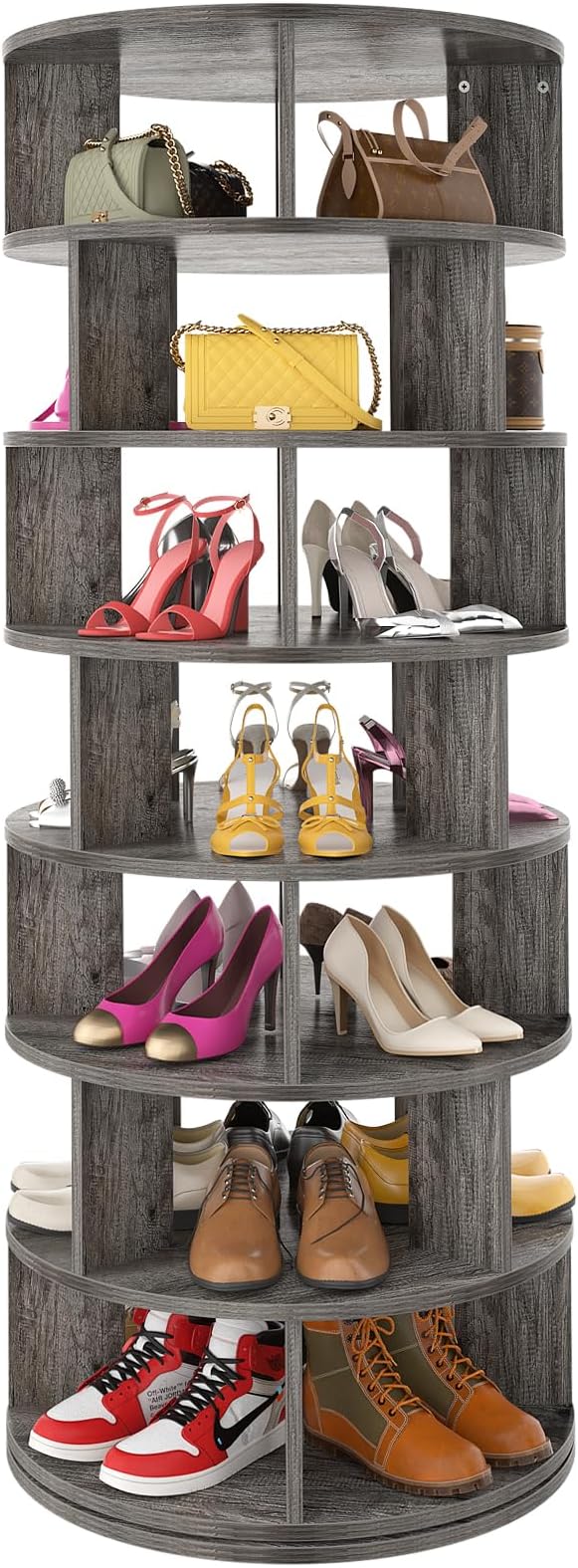 Aheaplus Rotating Shoe Rack Tower, 7-Tier Spinning Shoe Rack 360 Revolving Shoe Rack Organizer for Closet, Display Round Storage Carousel Shoes Closet Organization, Grey Oak