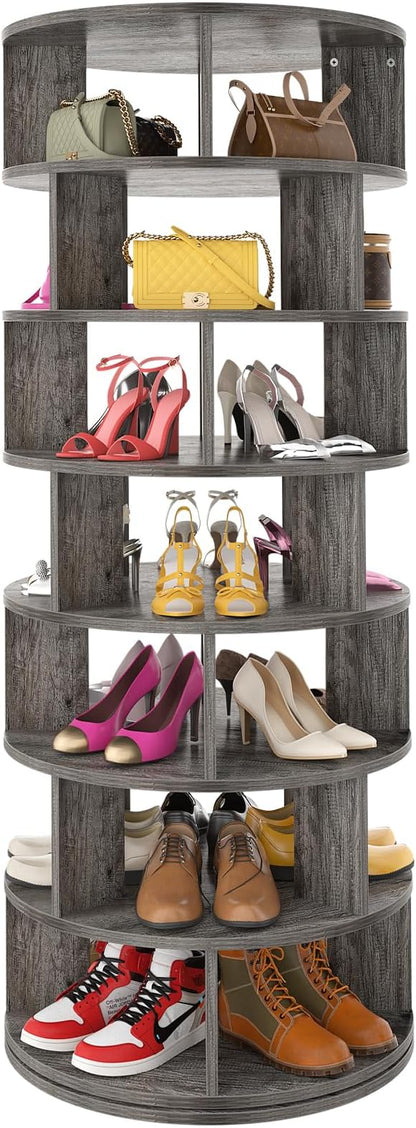 Aheaplus Rotating Shoe Rack Tower, 7-Tier Spinning Shoe Rack 360 Revolving Shoe Rack Organizer for Closet, Display Round Storage Carousel Shoes Closet Organization, Grey Oak
