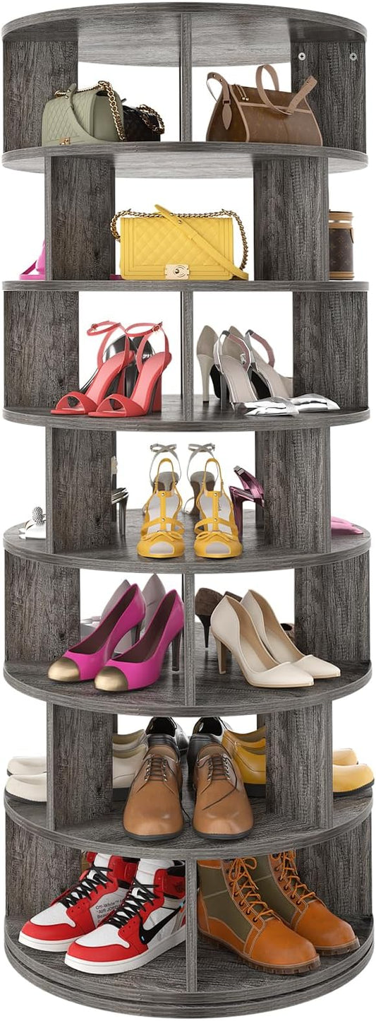 Aheaplus Rotating Shoe Rack Tower, 7-Tier Spinning Shoe Rack 360 Revolving Shoe Rack Organizer for Closet, Display Round Storage Carousel Shoes Closet Organization, Grey Oak