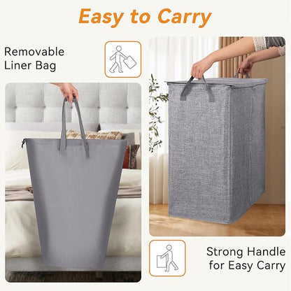 Chrislley 140L Laundry Hamper 2 Section, Double Laundry Basket with Lid, Large Dirty Clothes Hamper with Removable Liner Bags, Collapsible Laundry Organizer for Bedroom, Dorm,Grey