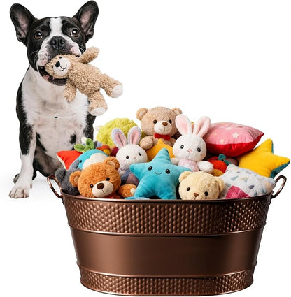 Indestructible Metal Dog Toy Bin: Pet Toy Box Storage Basket for Living Room Area, Beautiful Design and Perfect Size 25-Quart (1 Pack, Oval)
