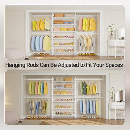 Timate S3X PLUS Closet System, Expandable Wall Mounted Closet with 6 Adjustable Shelves & 4 Expandable Hanger Rods, Industrial Pipe Clothing Rack for Hanging Clothes, Fits Spaces 6'11"- 9'10", White