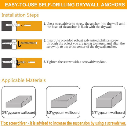 KURUI Self Drilling Drywall Anchors Assortment Kit, 200PCs Picture Hanging Kit for Frame,Curtain Rods,Art Hanging, 100PCs #6 Heavy Duty Metal Dry Wall Anchors 100PCs #8 Plastic Drywall Hangers