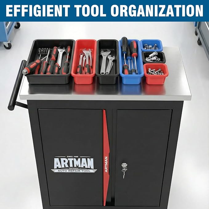 1 Cabinet 2 Shelves Rolling Tool Chest with Stainless Steel Countertop,Tool Chest with Secure Locking System,Mobile Storage Tool Cabinet with 360°Wheels & Padded Feet,for Home,Garage(Black+Red)