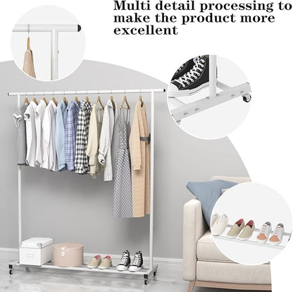 Buzowruil Metal Rolling Clothing Rack Adjustable Freestanding Garment Organizer with Wheels, Space-Saving Design for Home, Closet, Office, or Retail, White