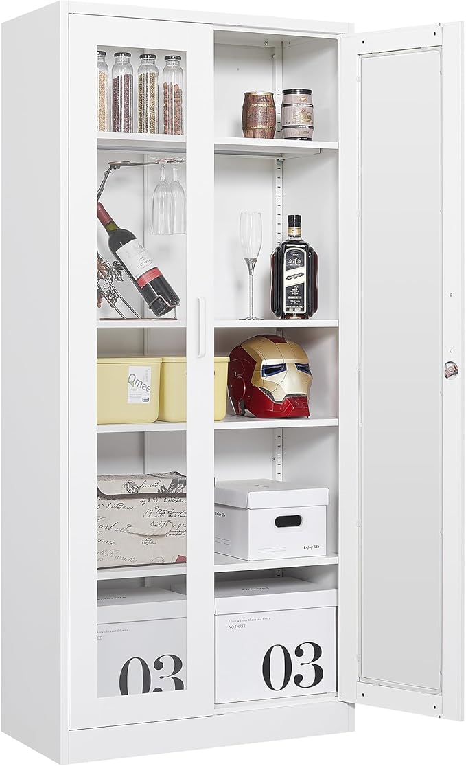 Tall Display Storage Cabinet with Tempered Glass Door, Metal Cabinet with 4 Adjustable Shelves for Home,Study,Living Room and Office (White)