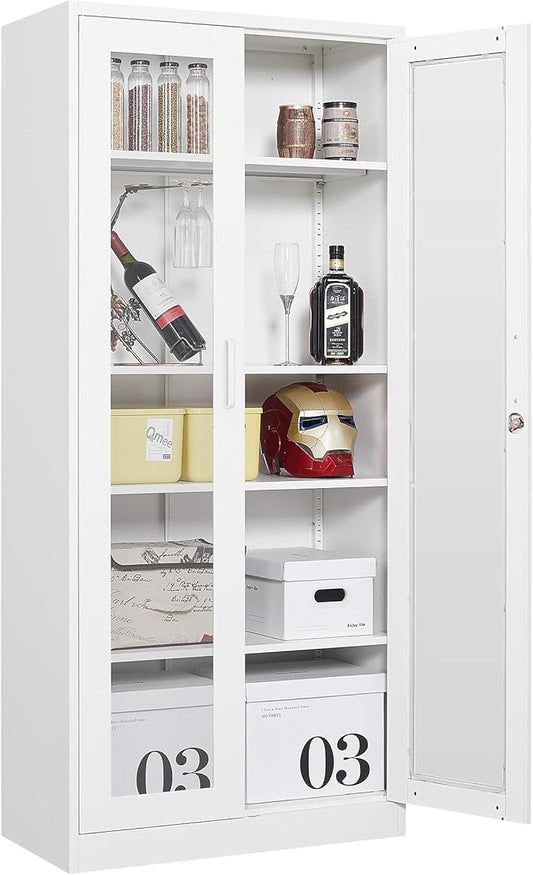 Tall Display Storage Cabinet with Tempered Glass Door, Metal Cabinet with 4 Adjustable Shelves for Home,Study,Living Room and Office (White)