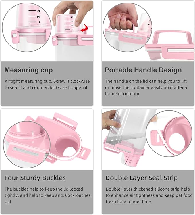 3-5Lbs Airtight Small Cat Dog Pet Food Storage Containers BPA Free, with Large Pour Spout/1 Measuring Cup/ 4 Safety Locks and Double-layer Silicone Strip (Pink 2Pack)