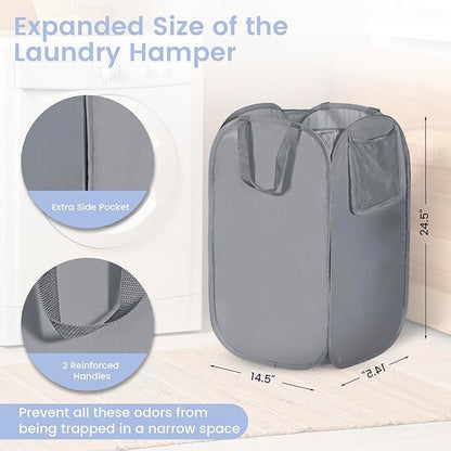 HOUSE AGAIN Upgraded Pop Up Hampers for Laundry, Collapsible Laundry Basket with Durable Handles & High Carbon Steel Frame, Wide Opening, Solid Bottom and Side Pocket for Clothes and Storage(Grey)