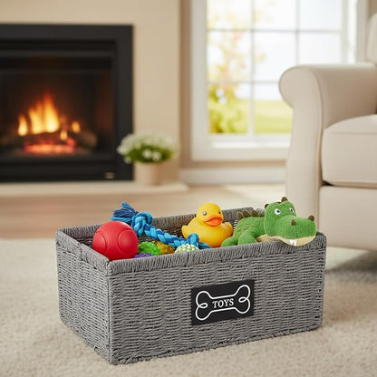 Geyecete dog toy basket,square Living pet toy bin basket Wicker dog toy box Foldable Pet Toy Storage Organizer, Grey Paper Rope & Steel Wire Basket