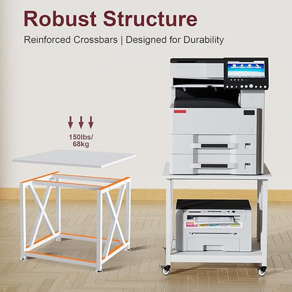 2 Tier White Printer Stand, 23.6 x 23.6 Inches Large Printer Table with Storage Shelf, Rolling Printer Cart with Wheels, Mobile Table for Home Office (White)