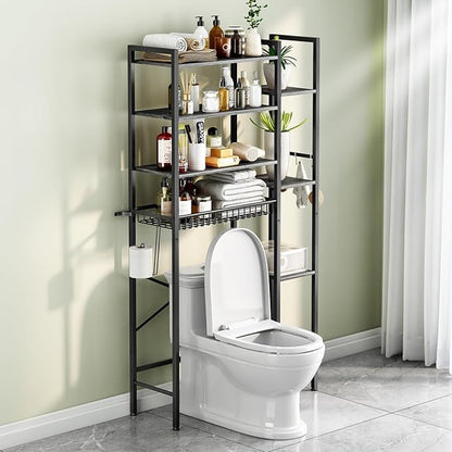 8-Tier Over The Toilet Storage with Side Rack, Over Toilet Storage Rack with Adjustable Shelf & Drain Basket, Freestanding Bathroom Organizer for Balcony, Laundry (Modern Grey)