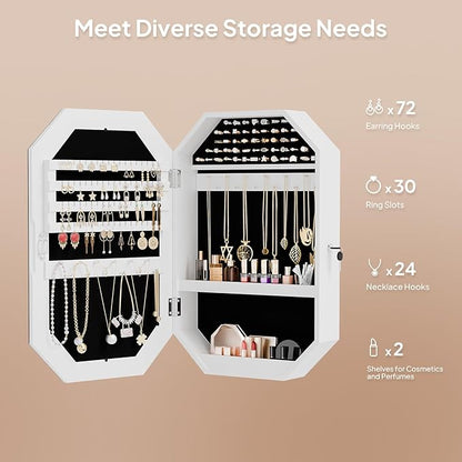 Bonnlo Modern Diamond-Shaped Jewelry Armoire, Lockable Octagonal Jewelry Cabinet Organizer with Mirror, Wall Mounted for Space Saving