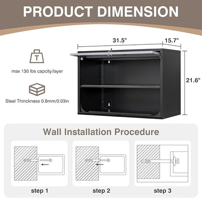 Metal Wall Cabinet with Locking Door and Shelf, Hanging Garage Cabinets with Up-Flip Doors for Garage, Warehouse, Home, Office, Assembly Required (Black Grey, One Cabinet)