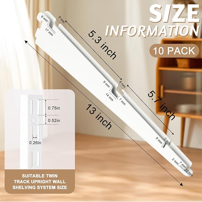 13-Inch Double-Track Wire Shelf Brackets, 10 Pack – Heavy-Duty Metal Shelving Supports for Twin-Track Wall Systems, Compatible with Wire Shelving and Wood Shelves, White