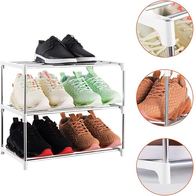 3-Tier Stackable Small Shoe Rack, Lightweight Shoe Shelf Storage Organizer for Entryway, Hallway and Closet(White)