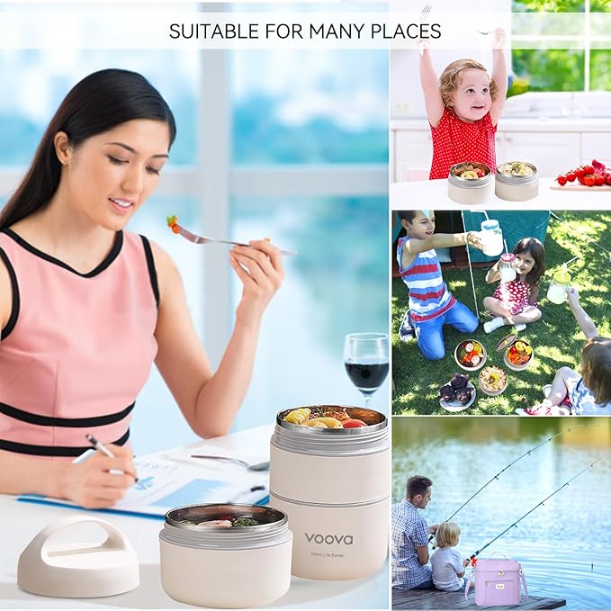 Voova Stackable Stainless Steel Thermal Lunch Box with Lunch Bag and Cultery Set for Adult Women Men, 3 Tier Leakproof & Microwave Safe Insulated Bento Boxes Food Container for Work, Purple
