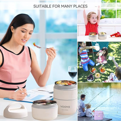 Voova Stackable Stainless Steel Thermal Lunch Box with Lunch Bag and Cultery Set for Adult Women Men, 3 Tier Leakproof & Microwave Safe Insulated Bento Boxes Food Container for Work, Purple