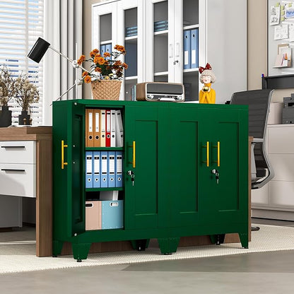 35.43" Lockable Metal Storage Cabinet, Steel Locker File Cabinet with 2 Doors ＆ 2 Adjustable Shelves, Multi-Purpose Organizer for Home, Office File Storage & Garage Locker (Green)