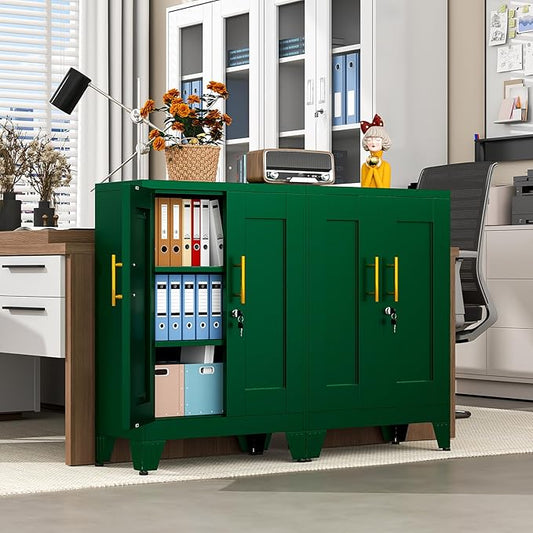 35.43" Lockable Metal Storage Cabinet, Steel Locker File Cabinet with 2 Doors ＆ 2 Adjustable Shelves, Multi-Purpose Organizer for Home, Office File Storage & Garage Locker (Green)