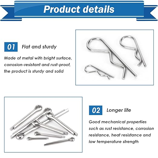 Cotter Pin Assortment Kit - 304 Stainless Steel 13 Sizes Cotter Pins & R Clips Cotter Pin Set for Hitch Pin Lock Systems