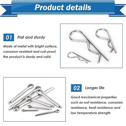 Cotter Pin Assortment Kit - 304 Stainless Steel 13 Sizes Cotter Pins & R Clips Cotter Pin Set for Hitch Pin Lock Systems
