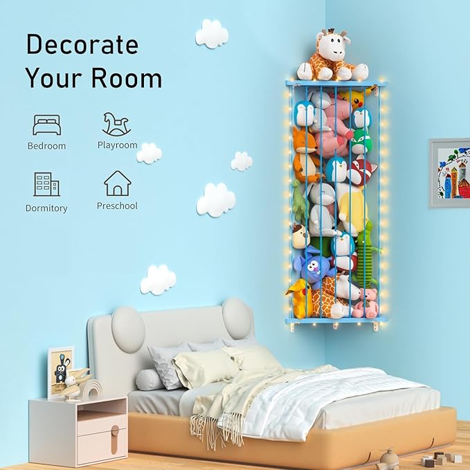 Corner Stuffed Animal Storage Net - Stuffed Animals Holder with Lights - Plush Organizer Hanging Stuffed Animal Hammock with Adjustable Length for Playroom Bedroom