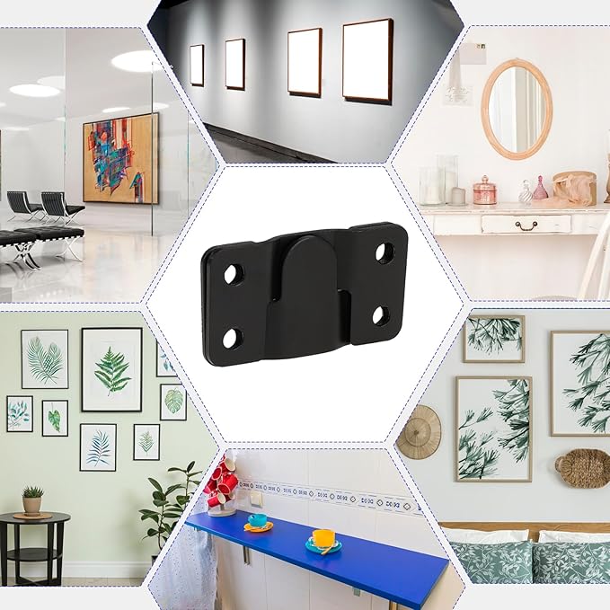4 Pairs Interlocking Flush Mount Bracket Picture Hanging Hooks Black Stainless Steel Heavy Duty Photo Frame Hook Large Picture Hanger Buckle Furniture Connector Headboard Wall Mounting Hardware