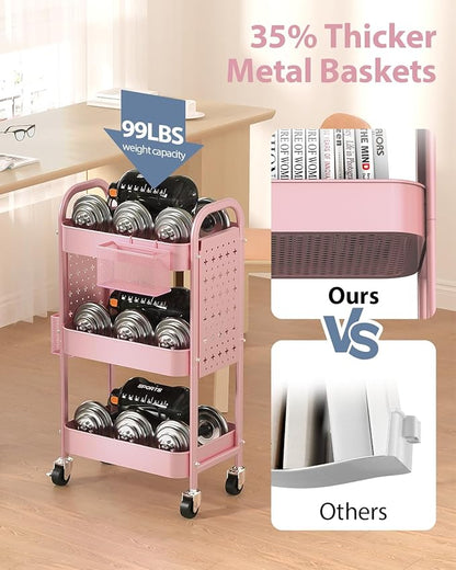 ALVOROG 3 Tier Rolling Cart with DIY Pegboards Metal Utility Cart with Wheels Handles Baskets Hooks, Craft Cart for Office Kitchen Bathroom(Cherry Blossom Pink)