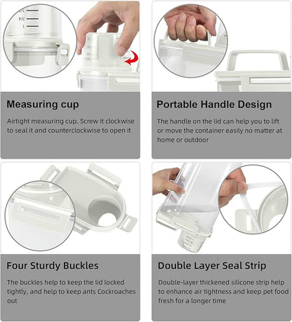 3-5Lbs Airtight Small Cat Dog Pet Food Storage Containers BPA Free, with Large Pour Spout/1 Measuring Cup/ 4 Safety Locks and Double-layer Silicone Strip (Off White 2Pack)