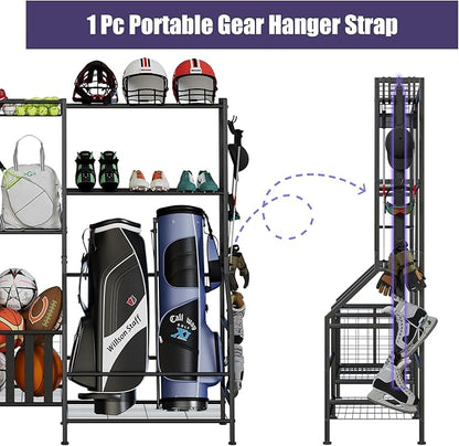 Sports Equipment Organizer, Heavy Duty Golf Bags Stand, Extra Large Ball Storage Rack for Garage, Sports Gear Storage with Basket and Hooks, Black
