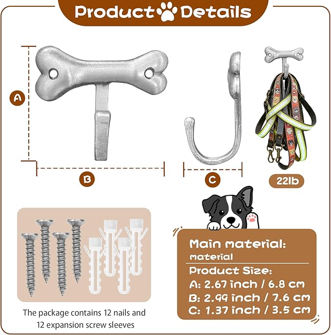6PC Dog Bone Shaped Hooks Wall Mount Pet Leash Hook Cat Leash Holder for Wall Cute Coat Hooks Key Holder for Entryway Hallway Kitchen Office, Great Gift for Dog and Cat Lovers(Antique Silver)