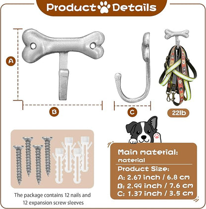 6PC Dog Bone Shaped Hooks Wall Mount Pet Leash Hook Cat Leash Holder for Wall Cute Coat Hooks Key Holder for Entryway Hallway Kitchen Office, Great Gift for Dog and Cat Lovers(Antique Silver)