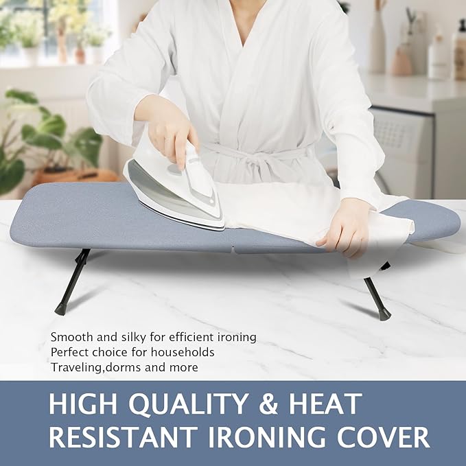 SheeChung Small Ironing Board Tabletop 12"x32",Mini Table Top Ironing Board with Heat Resistant Cover and Thick Pad,Foldable Space Saving Iron Board with Non-Slip Feet for Dorms Travel Use,Grey Blue