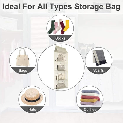 Closet Handbag Purse Holder, Space Saving Hanging Handbag Storage Tote Bag Organizer Holder with 4 Large Heavy-Duty Mesh Shelves for Wardrobe Closet(Pack of 2 Beige)