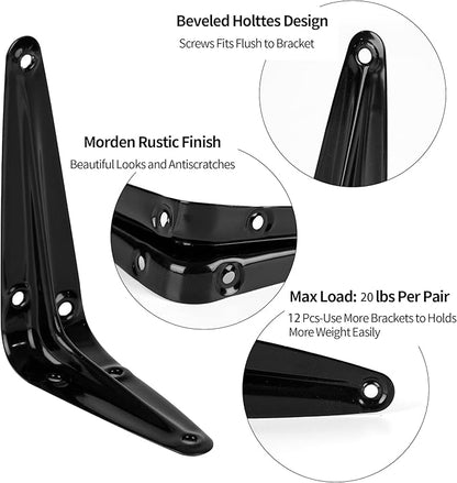 12Pack Shelf Brackets Heavy Duty Black Metal Floating Shelves Bracket 4 x 3 Inch Rustic Farmhouse Decorative Iron L Bracket J Brackets Wall Joint Angel Corner Brace for Wood Shelves Hanging with Screw