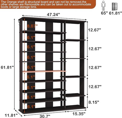 HOMEFORT 10 Tiers Shoe Rack, 50 Pairs Large Shoe Shelf, 61.8" Tall Shoe Tower, Freestanding Shoe Rack Organizer with Open Shelves, Wood Shoe Stand for Boot Storage, for Closet, Entryway, Espresso