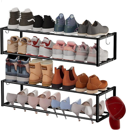 2 Pack Expandable Wall Mounted Shoe Rack, 17"-31" Adjustable Hanging Shoe Rack Holds 16 Pairs, Heavy Duty Metal Shoe Holder with 4 Storage Hooks, Space Saving for Entryway Closet Doorway（Black
