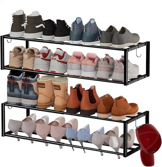 2 Pack Expandable Wall Mounted Shoe Rack, 17"-31" Adjustable Hanging Shoe Rack Holds 16 Pairs, Heavy Duty Metal Shoe Holder with 4 Storage Hooks, Space Saving for Entryway Closet Doorway（Black