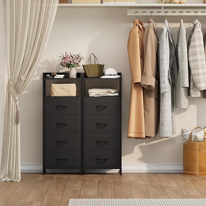 Somdot Night Stand with 4 Drawers, Vertical Storage Tower Fabric Dresser for Bedroom, Nightstand Bedside Table Furniture, Sturdy Steel Frame, Wooden Top & Easy Pull Fabric Bins, Black