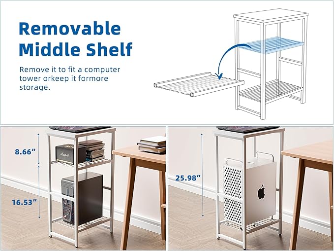 3 Tier Metal Printer Stand Shelf, White Side Table for Printer, Fax Marchine