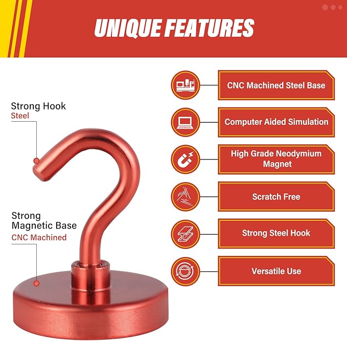 Neosmuk Magnetic Hooks, Heavy Duty 130lb+ Strong Magnet Hook for Cruise Cabins, Cruise Ship Essentials for Hanging, Metal Wall Refrigerator Hangers (Red, 10 Pack)