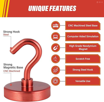Neosmuk Magnetic Hooks, Heavy Duty 130lb+ Strong Magnet Hook for Cruise Cabins, Cruise Ship Essentials for Hanging, Metal Wall Refrigerator Hangers (Red, 10 Pack)