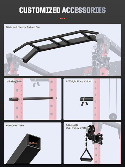 SunHome Power Cage Squat Rack, Power Rack with Pulley System, Adjustable Cable Crossover System, J-Hooks, Dip Handles, Weight Plate Storage