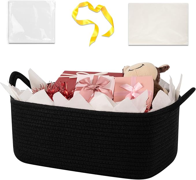 Basket for Gifts Empty, Woven Storage Basket with Gift Bag, Ribbon and Wrap Tissue Paper, Small Rope Toy Storage with Handles for Baby Shower, Dog Toy Organizer, 13.6" x 10" x 5.9”