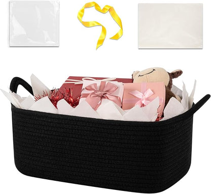 Basket for Gifts Empty, Woven Storage Basket with Gift Bag, Ribbon and Wrap Tissue Paper, Small Rope Toy Storage with Handles for Baby Shower, Dog Toy Organizer, 13.6" x 10" x 5.9”
