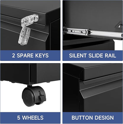 Mobile File Cabinet with Lock - 2 Drawer, Small Rolling Cabinet for Home Office, Legal/Letter/A4 (Black)