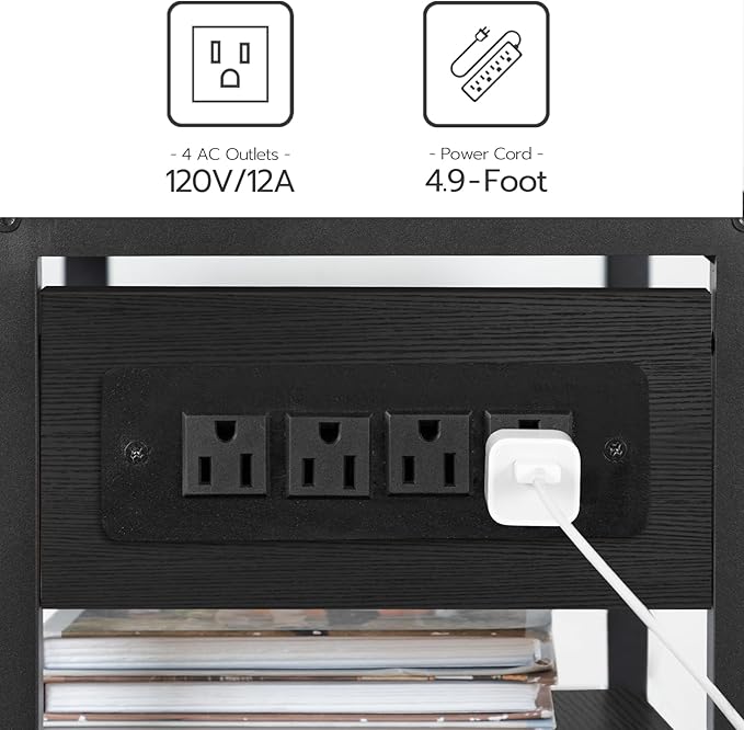 HOOBRO Industrial Printer Stand with Charging Station, 3-Tier Printer Table, Rolling Printer Cart with Adjustable Shelf and Hook, Black BB28UPS01
