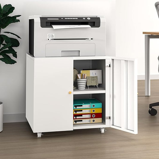 Printer Stand with Storage Cabinet with Wheels,3D Heavy Duty Metal Large Printer Table with Adjustable Shelf for Home Office, Mobile Printer Cart,White,23.6" H