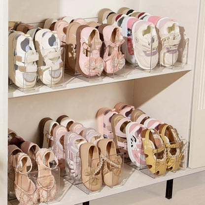 4PACK Clear Acrylic Kids Shoe Rack for Closet Organizers and Storage, Small Clear Shoe Rack 4 Sections Toddler Baby Shoe Storage Organizer Stackable Shoe Shelf,Desk File Sorter Book Purse Organizer